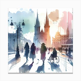 Watercolor Of People Walking In The City Canvas Print