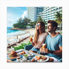 Couple Having Breakfast At The Beach Canvas Print