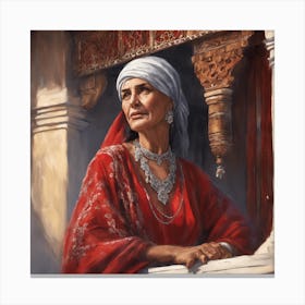 Old Arab woman wearing a red Moroccan Caftan and a beautiful silver necklace Canvas Print