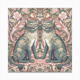 William Morris  Inspired  Classic Cats Smiley Cats Sage And Pink Square Canvas Print