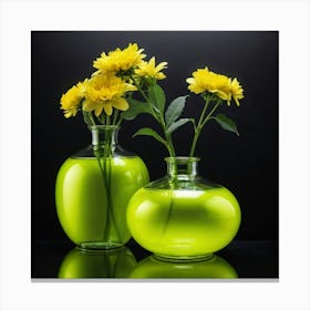 Yellow Flowers In Green Vases Canvas Print