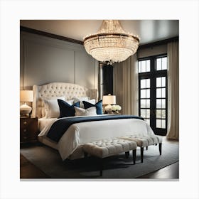 A Luxurious White Bed Sits In A Modern Yet Elegant Bedroom Centered Under A Chandelier, Surrounded By Pillows And Windows Providing Natural Light Canvas Print
