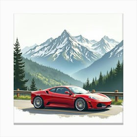 Sports Car Under A Picturesque Mountain Range, Watercolor Painting 1 Canvas Print