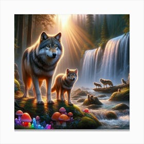 Wolf Family by Waterfall Canvas Print