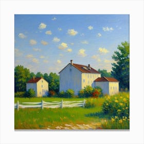 Fenced Elegance Charming Houses and Sky Farmhouse In The Country Canvas Print