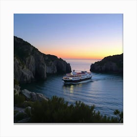 Coastal Ferry Making Its Way Through Rocky Cliffs At Dusk 1 Canvas Print