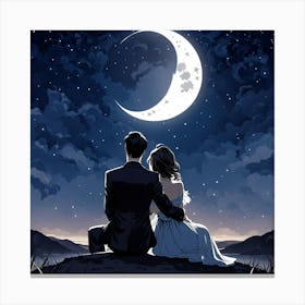 Couple Looking At The Moon, A Single Elegant Line Drawing Of A Men And Woman Art Of Sitting To Gather Alone Back Side Pose Canvas Print