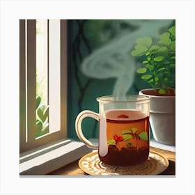 Imagine a visually stunning composition where a delicate tea cup is elegantly placed next to a vibrant potted plant. The warm colors of tea blend harmoniously with the lush greenery, creating a relaxing and inviting atmosphere Canvas Print