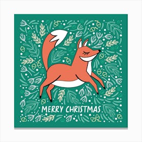 Christmas Fox Green Square Illustrated Canvas Print