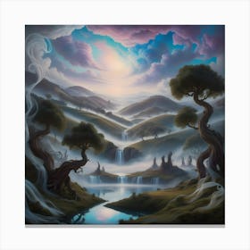 A Dreamlike Scenery Of Surreal Landscapes, Where Rolling Hills And Twisted Trees Stretch Towards A Sky With Swirling Clouds Of Iridescent Blues And Purples, Like A Dalíesque Painting Come To Life Canvas Print