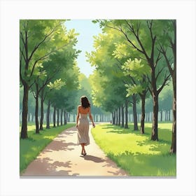 Spanish Woman In A Serene Park, Watercolor With Tranquil Greens 1 Canvas Print