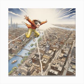 Boy Flying Over A City Canvas Print