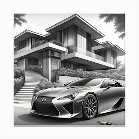 A Pencil Drawing Of A Lexus LFA In Front Of A Beautiful Modern Mansion 2 Canvas Print