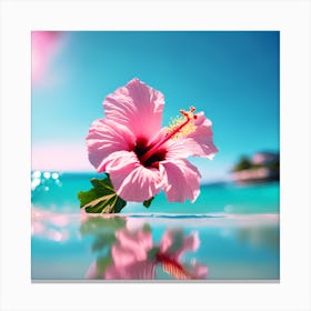 Blue Ocean and Pink Hibiscus Flower on the Beach Canvas Print