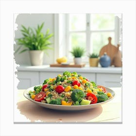 Watercolor Painting Of A Fresh And Vibrant Mediterranean Quinoa Salad On A Modern Kitchen Table Canvas Print