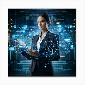 Cybernetic Advocate A Businesswoman Encapsulated In A Futuristic Suit Her Hand Garnished With Hol (3) Canvas Print