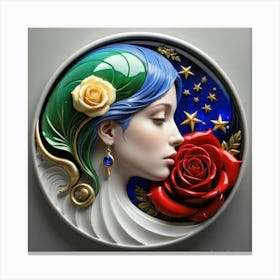 Woman With Blue Hair And Roses Canvas Print