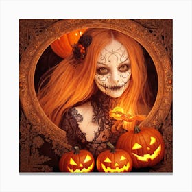 Halloween Girl With Pumpkins Canvas Print