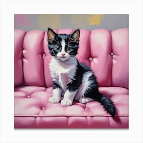 Tuxedo Kitten Sitting On Pink Sofa Canvas Print