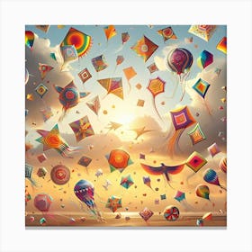 Photograph Of Different Colorful Kites Flying In The Sky 3 Canvas Print