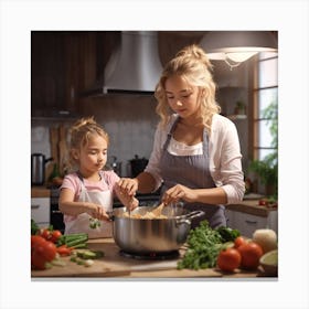 Photo Mother And Daughter Cooking At The 2 Canvas Print