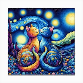 Starry Night Cats In Love Canvas Print