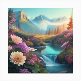 Mountain Stream With Flowers Canvas Print