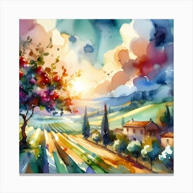 Watercolor Of Tuscan Countryside Canvas Print