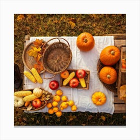 An Idyllic Rustic Autumn Setting A Basket Brimming With Fresh Harvest Of Corn And Pumpkin Wood Br (4) Canvas Print