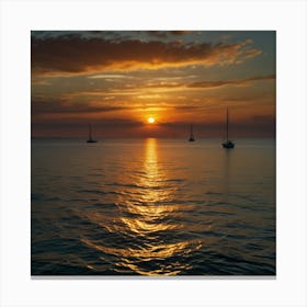 A Vibrant Sunset Over A Calm Ocean With Sailboats On The Horizon 2 Canvas Print