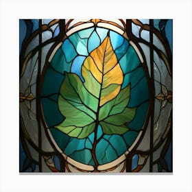 A Close Up Of A Stained Glass Window Featuring A Single, Intricately Detailed Leaf In Shades Of Yellow And Green Against A Blue Background Canvas Print