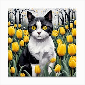 Black White Cat In Tulips Canvas Print