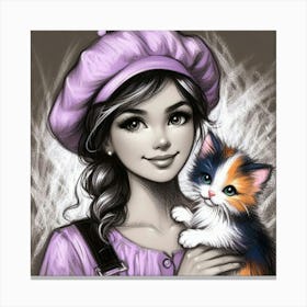 Girl With Kitten Canvas Print