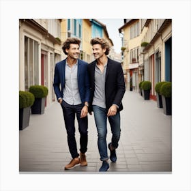 Two Men Walking Down A Street Canvas Print