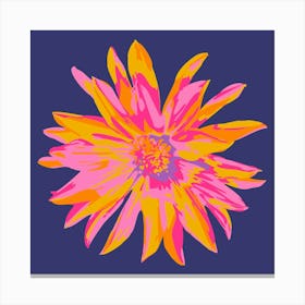 DAHLIA BURSTS Single Abstract Blooming Floral Summer Bright Flower in Fuchsia Pink Yellow Purple on Dark Blue Canvas Print