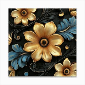 Gold And Blue Floral Pattern Art Canvas Print