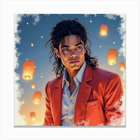 Watercolor Scene Of Michael Jackson With Floating Lanterns 1 Canvas Print