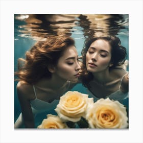 Tyndall Effect, A Beautiful Two Women Lies Underwater In Front Of Pale Yellow Roses ,Sunbeams In The Canvas Print