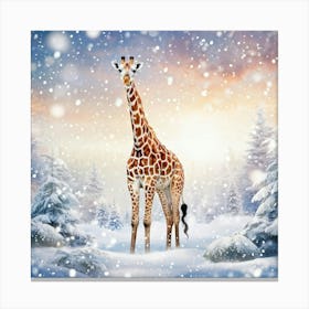 Giraffe Covered In A Dusting Of Snow Standing Tall In A Winter Wonderland Snowflakes Gently Fallin Canvas Print