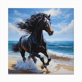 Black Horse Running On The Beach Canvas Print