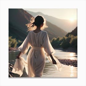 Woman In White Robe Walking By River Canvas Print