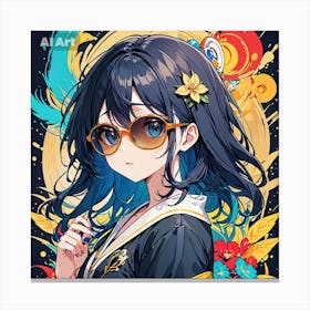 A girl having blue eyes and blue hair, wearing yellow sunglasses and a black kimono. Canvas Print