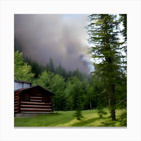 A Cabin At The Bottom Of A Mountain Smoke Rising From The Chimney Amidst Large Green Spaces (1) Canvas Print