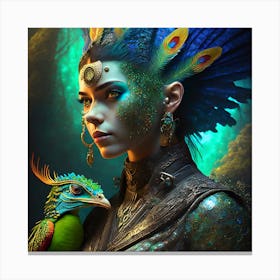 Firefly A Modern Illustration Of A Fierce Native American Warrior Peacock Iguana Hybrid Femme Fatale (8) 1 Canvas Print