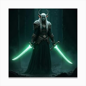 Elven Warrior With Twin Blades Glowing In The Dark 1 Canvas Print