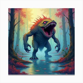 Monster In A Colorful Watercolor Swamp, Vivid And Eerie 1 Canvas Print