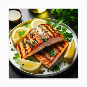 Grilled Salmon With Lemons Canvas Print
