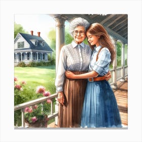 Two Women Hugging On Porch Canvas Print