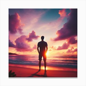 Silhouette Man On The Beach At Sunset Canvas Print