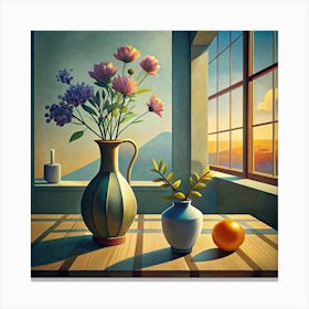 Still Life With Flowers, Vase, And An Orange Canvas Print